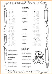 English Worksheet: Funny number matching and colouring 11-20
