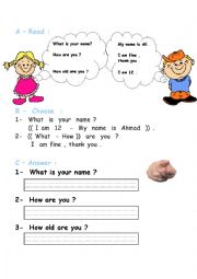 English Worksheet: whats your name-how are you-how old are you