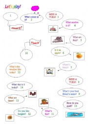 English Worksheet: Lets Play! (Colours,days,animals,toys,food,fruits,numbers game)
