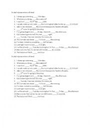 English Worksheet: in, on, at time prepositions exercise (2 per sheet)