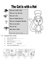 English Worksheet: A cat is  with a hat