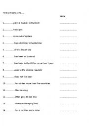 English Worksheet: Find someone who...