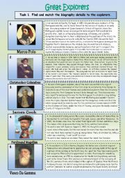 English Worksheet: Great explorers and their short biographies for matching.