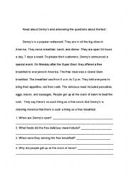 English Worksheet: Dennys: Short Reading and Comprehension questions