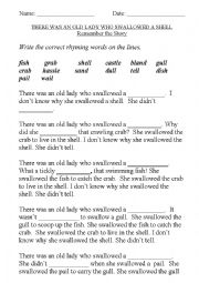 English Worksheet: There Was An Old Lady Who Swallowed a Shell