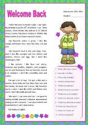 English Worksheet: Welcome Back