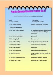 English Worksheet: Practice Common Idiomatic Phrases RCL-11