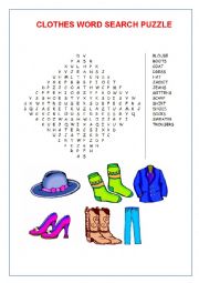 English Worksheet: Clothes Word Search Puzzle