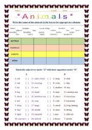 English Worksheet: Animals and Adjectives