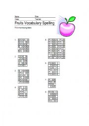English Worksheet: Fruits Vocabulary Spelling