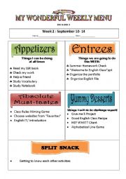 English Worksheet: My Wonderful Weekly Menu