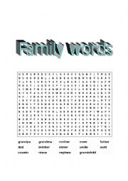English Worksheet: Family Word  Word Search with word bank