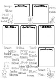 English Worksheet: Vocabulary Practice: Nationalities, Countries, Colours, Furniture, Rooms, Ordinal Numbers