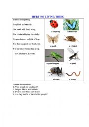 English Worksheet: HURT NO LIVING THINGS (a poem + a pictionary)