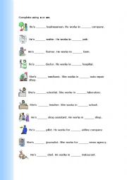 English Worksheet: Occupations and workplace, a or an