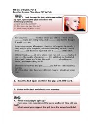 English Worksheet: Just Like a Pill by Pink (FCE. Use of English Part 2 + Listening)