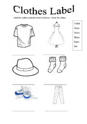 English Worksheet: Clothes label and colouring