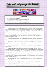 English Worksheet: What people really want for their birthday- READING COMPREHENSION