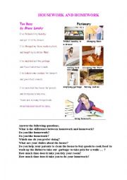 English Worksheet: HOUSEWORK AND HOMEWORK (a poem + a pictionary)