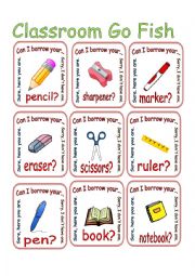 English Worksheet: Can I Borrow / Classroom Items / Go Fish 1/2