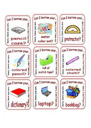 English Worksheet: Classroom Objects / Can I Borrow ? / Go Fish 2/2