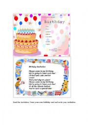 English Worksheet: BIRTHDAY INVITATION (an exampleof a card + a poem for kids)
