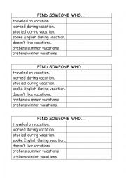 English Worksheet: FIND SOMEONE WHO - vacation