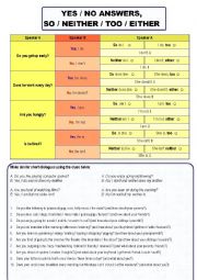 English Worksheet: YES / NO ANSWERS,  SO / NEITHER / TOO / EITHER