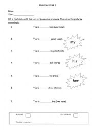 English Worksheet: possessive pronouns for english year 3