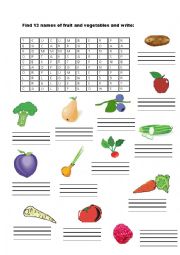 Fruit and vegetables - wordsearch