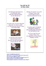 English Worksheet: PROBLEMS WITH TV (a poem  + questions for a discussion)