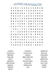 Countries and nationalities wordsearch