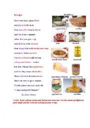 English Worksheet: RECIPE ( a poem + a pictionary)