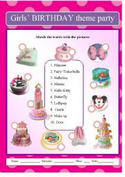 English Worksheet: Birthday theme party- part2-girls