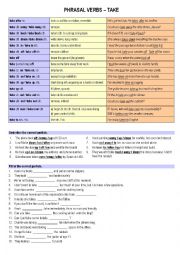 English Worksheet: Phrasal Verbs TAKE (exercises with key included)