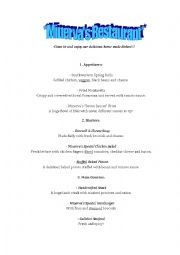 English Worksheet: Sample Menu for Restaurant Role Play