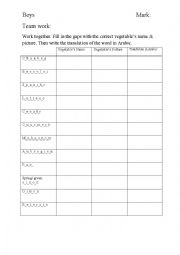 English Worksheet: Pair work: learning vegetables names