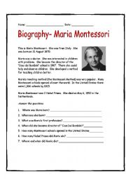 English Worksheet: Maria Montessori Easy Biography