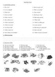 English Worksheet: 3er grade Test Personal information, Clothes, Have got/ Has got, Verb to be, Simple Present, A/AN, Numbers, Animals