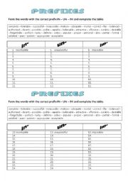 English Worksheet: PREFIXES UN - IN - IM