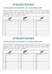 English Worksheet: PREFIXES UN - IN - IM