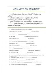 English Worksheet: And, so, but, because