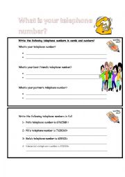 English Worksheet: WHATS YOUR TELEPHONE NUMBER?