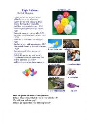 English Worksheet: 8 BALOONS (a poem + a pictionary)