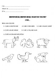 English Worksheet: ANIMALS AND COLOURS