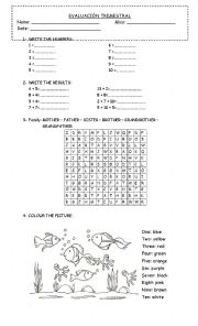 English Worksheet: NUMBERS + COLOURS + FAMILY + SCHOOL OBJECTS
