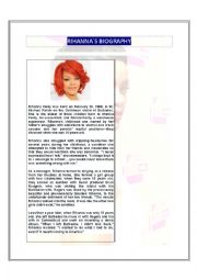 English Worksheet: Rihannas biography, exercises