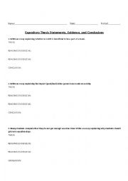English Worksheet: Expository Essay Practice - Creating a thesis, evidence, and conclusion