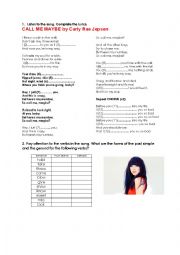 English Worksheet: Song Worksheet: Call me Maybe (past simple and continuous)