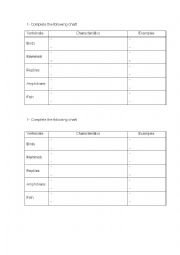 English Worksheet: vertebrates chart